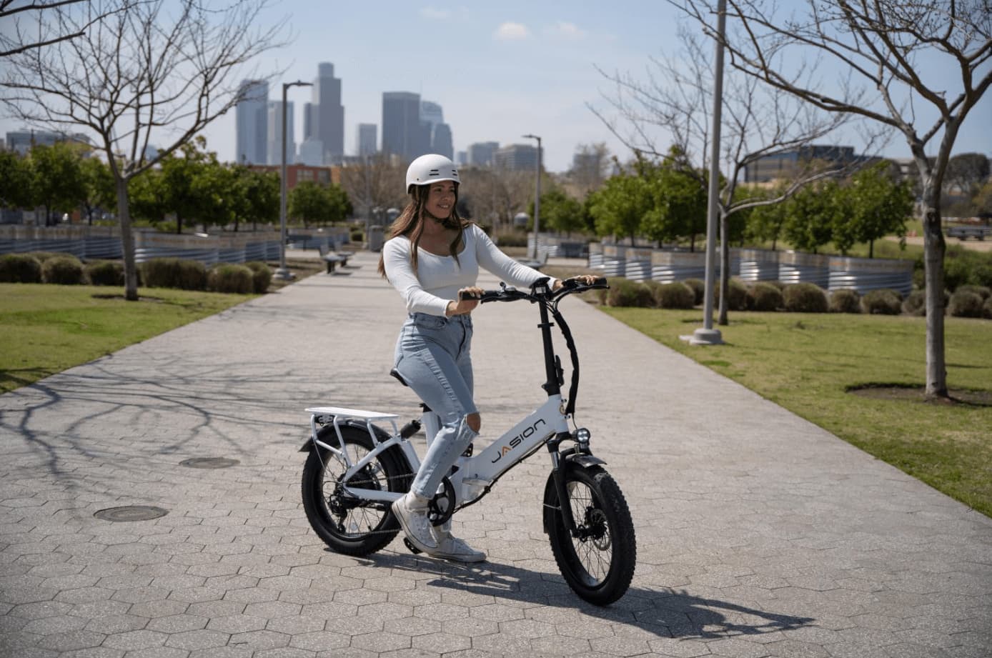 woman on jasion fat tires eb7 ebike